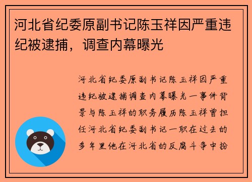 河北省纪委原副书记陈玉祥因严重违纪被逮捕，调查内幕曝光